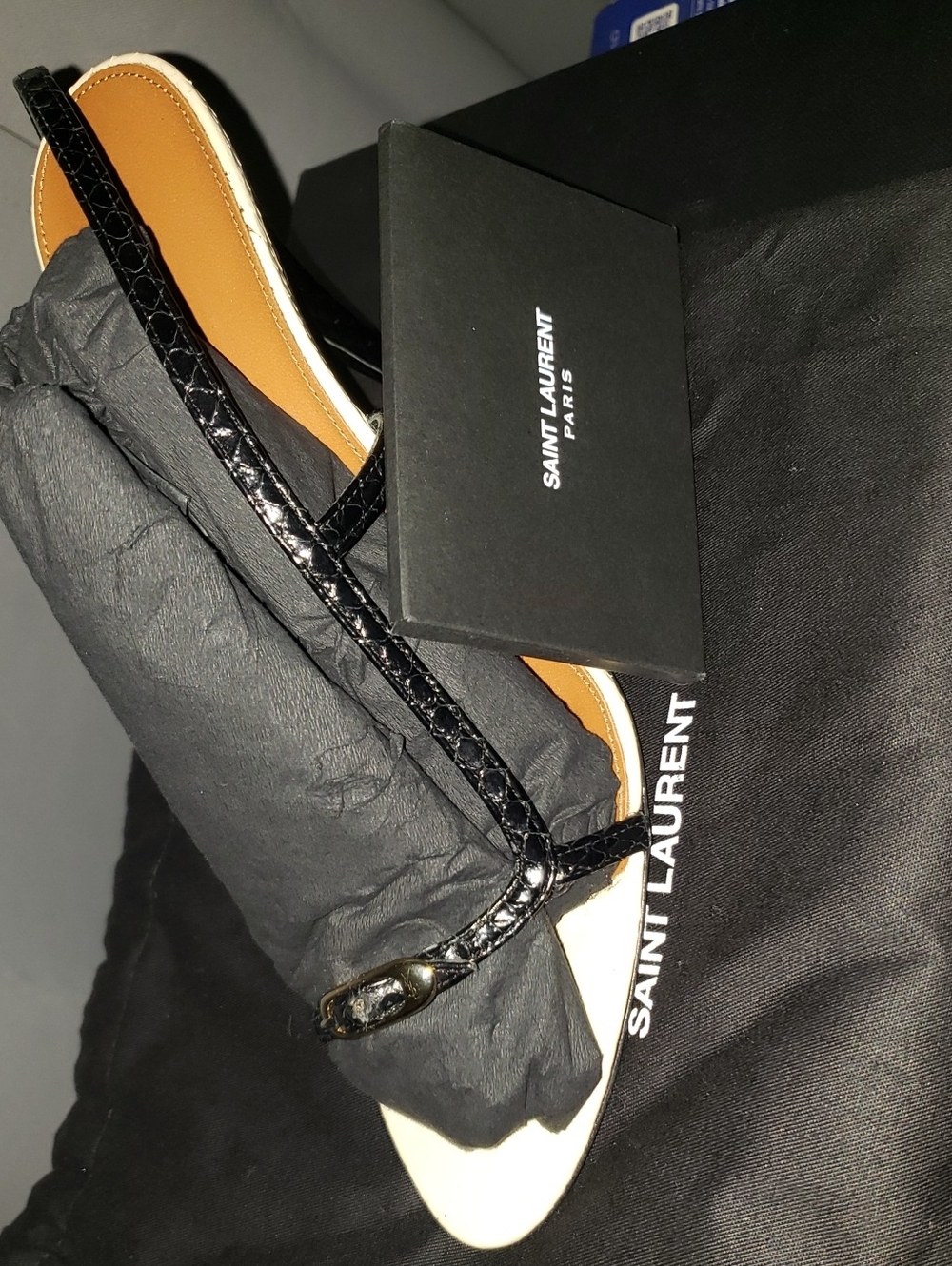 Saint Laurent Black Croc-Embossed Thong Sandals with Tan Footbed - Picture 1 of 5